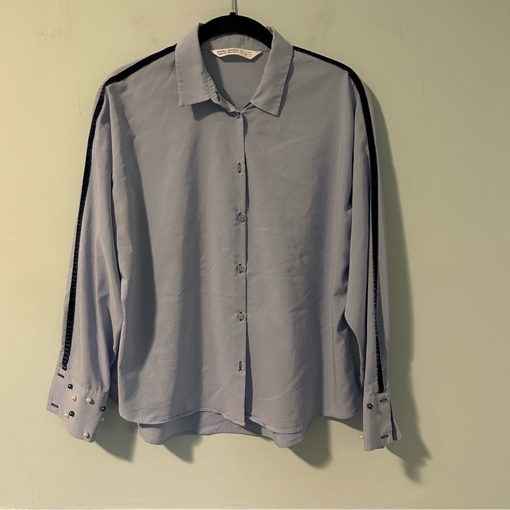 Zara Basic Velvet Blue Long Sleeve Button Down Blouse with Pearl Sleeves Size M